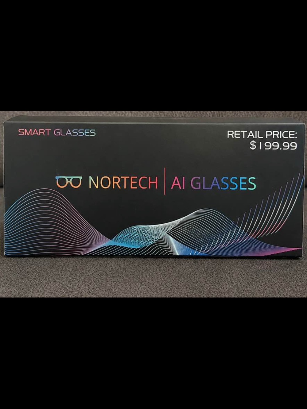 Sony Black Smart Glasses Packaging with Rainbow Accent Waves
